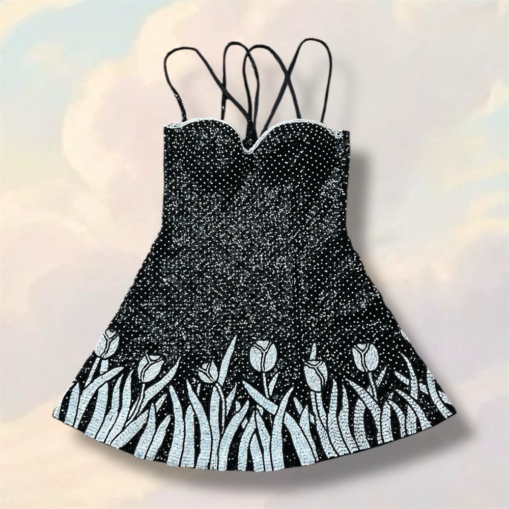 Deadstock All Beaded Embellished Floral Party Mini Dress